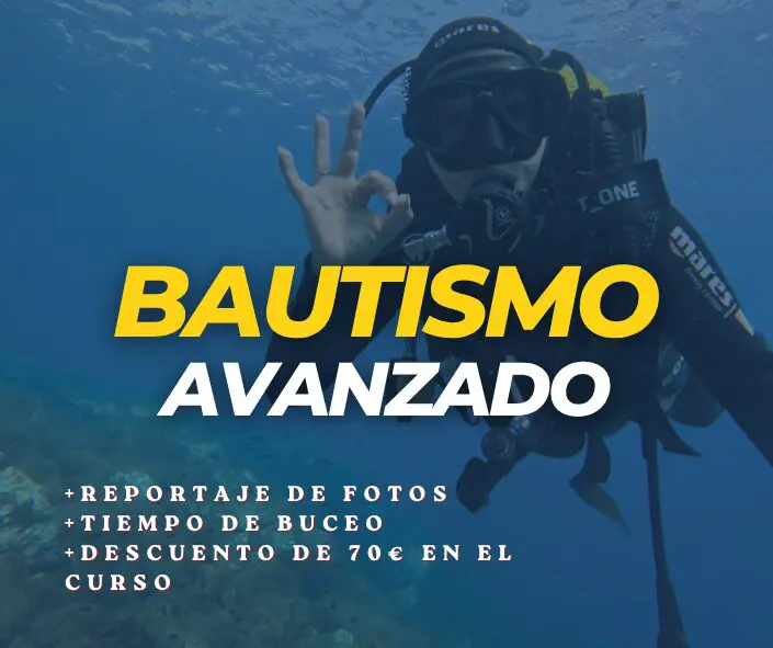 BAUTISMO-BUCEO-LA-HERRADURA Buzo bajo el agua con el texto 'BAUTISMO AVANZADO' y beneficios: reportaje de fotos, tiempo de buceo y descuento de 70€ en el curso.